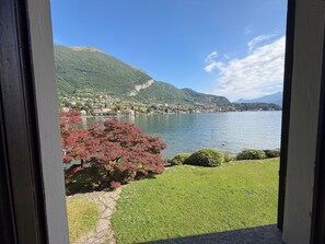 A view of a lake with surrounding greenery and a mountain. - Stately 400sqm VILLA direct LAKE ACCESS pool & botanical park. Full privacy. (Lenno)