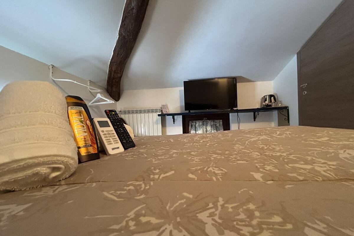 Une chambre à coucher avec un lit, une télévision, une télécommande et une bouteille de lotion.