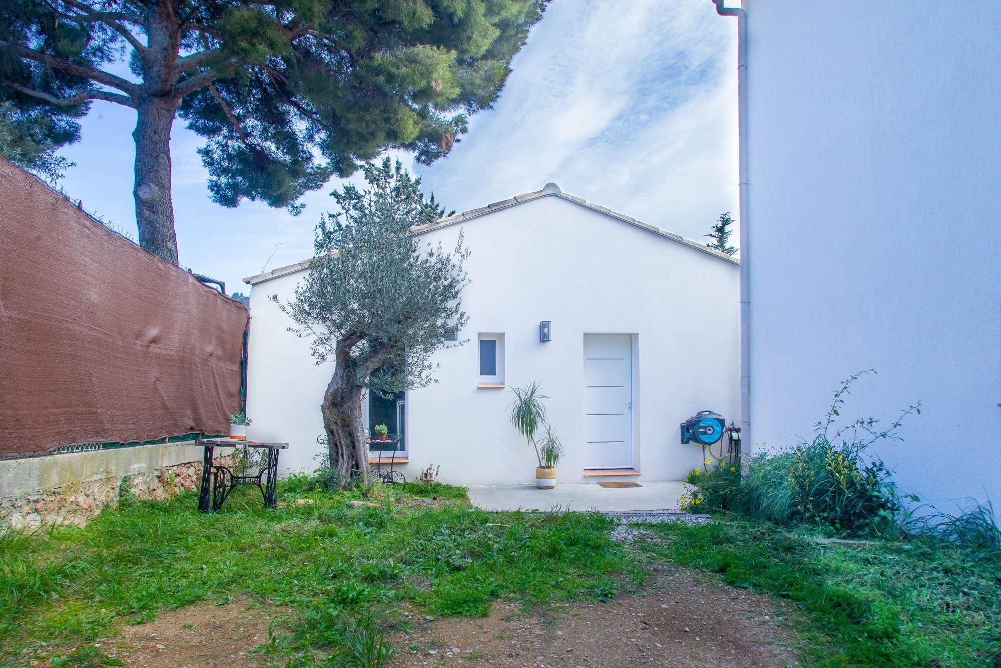 A white building with a door, windows, and a small garden area with plants and a tree.