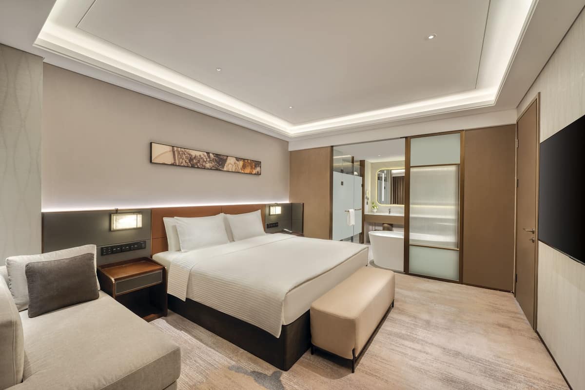 Una habitación de hotel moderna con una cama grande, mesitas de noche, un banco, un televisor, un espejo y un baño con ducha e inodoro.