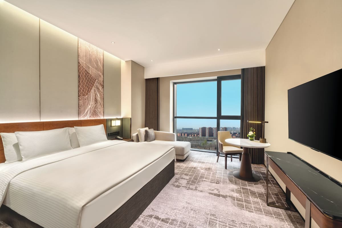 Una habitación de hotel con una cama grande, un escritorio, una silla, un televisor y vistas a la ciudad.