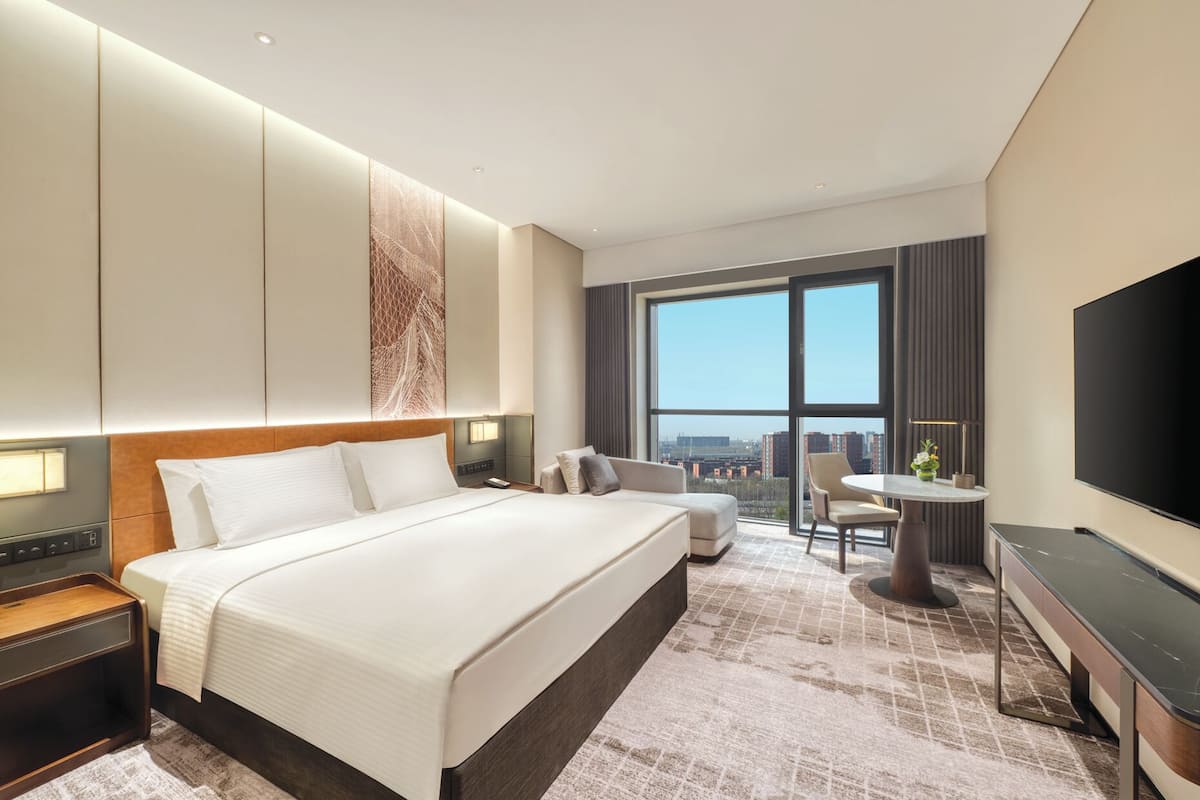 Una habitación de hotel con una cama grande, un escritorio, una silla, un televisor y vistas a la ciudad.