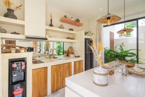 Fridge, stovetop, cookware/dishes/utensils, dining tables - Ulu Essence - Nyang Nyang 1BR Villa with Private Pool (South Kuta)