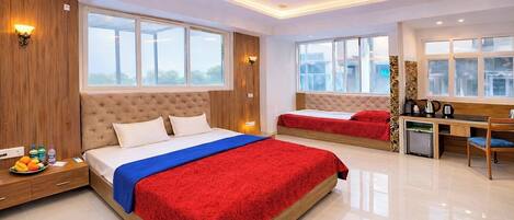 Premium bedding, desk, laptop workspace, soundproofing