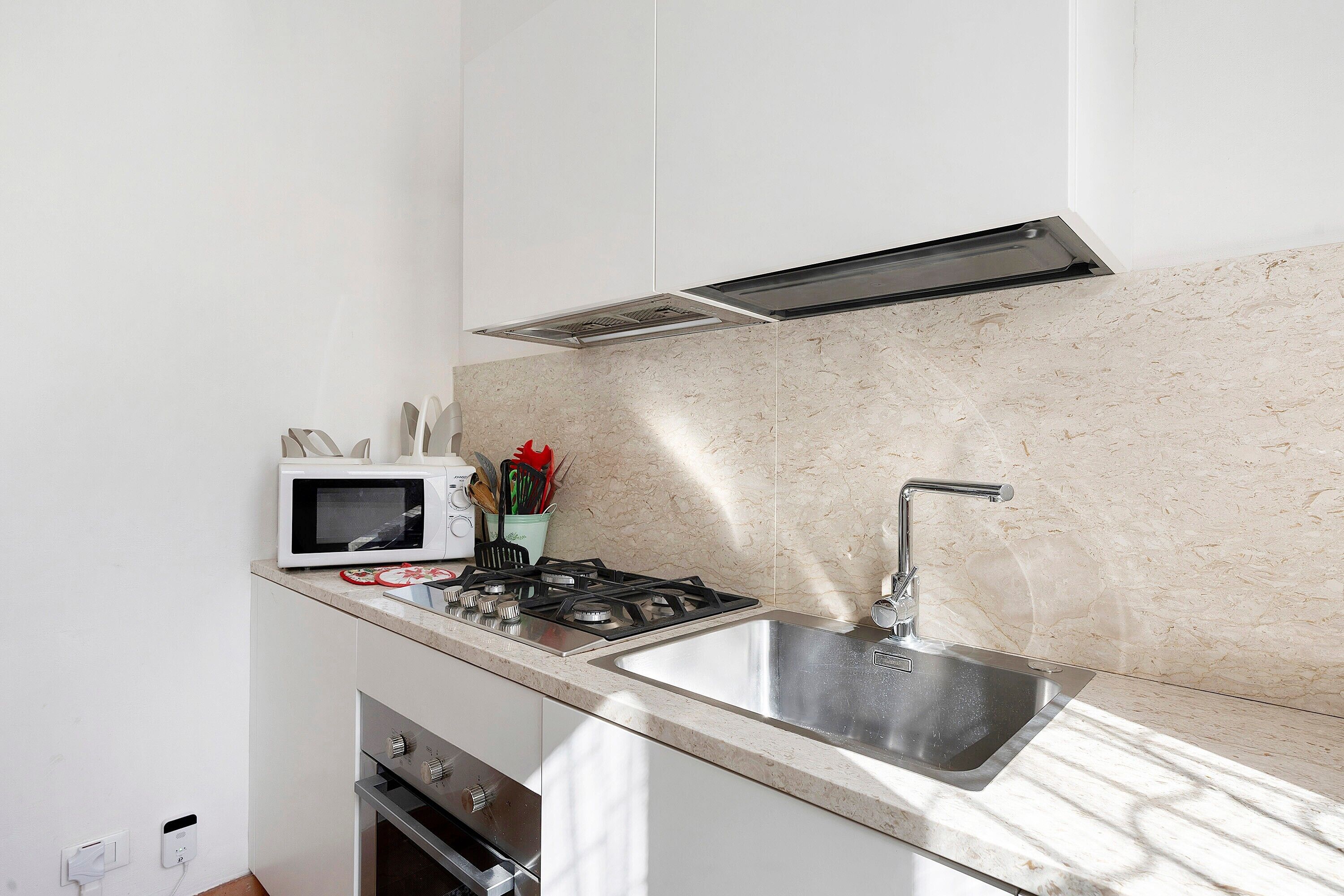 Fridge, oven, stovetop, cookware/dishes/utensils