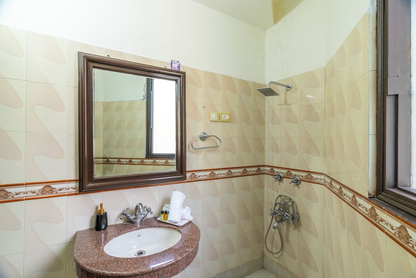 Une salle de bain avec un lavabo, un miroir, une douche et des carreaux décorés.
