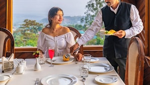 A dining table set with plates, glasses, and cutlery, a person serving food, and a view of greenery through a window.