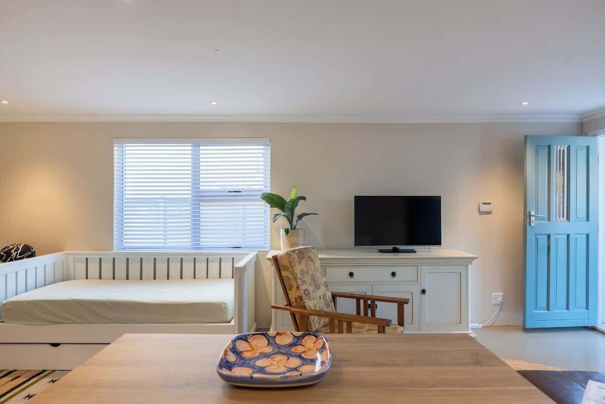 A living room with a white sofa, a TV, a blue door, and a plant.