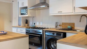 Una cocina compacta con estufa a gas, horno y lavadora integrada.
