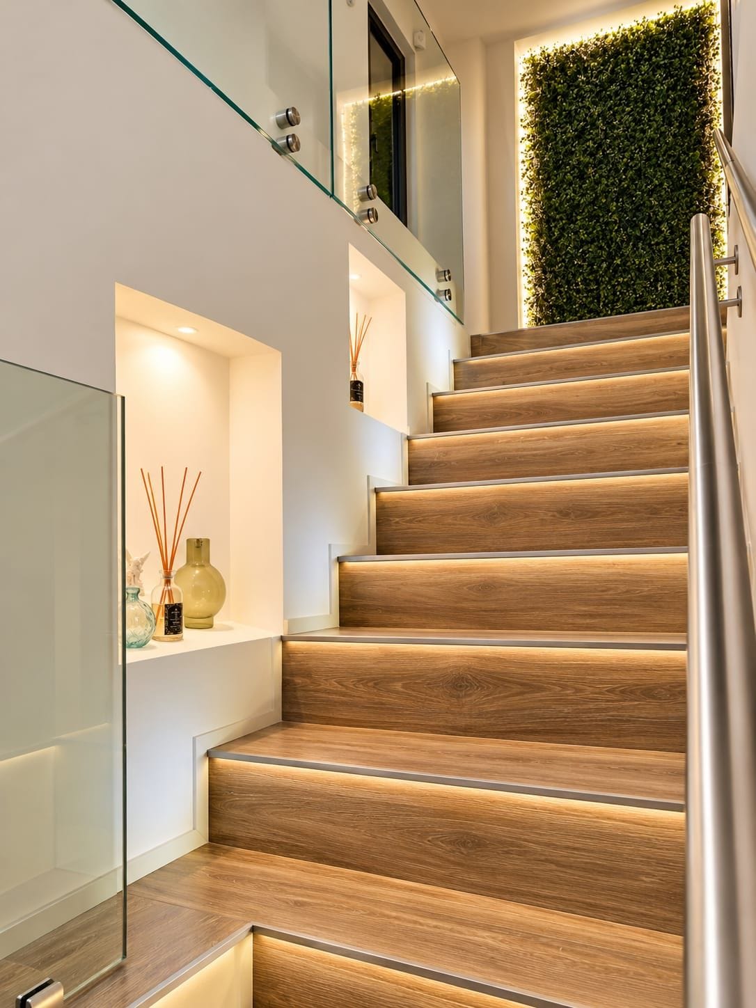 A modern staircase with wooden steps and glass railings, leading to a landing with a green wall and a small shelf with decorative items.