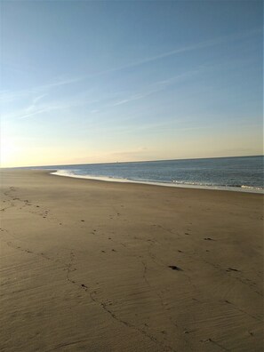 Une vaste plage de sable fin, avec des vagues douces, un ciel dégagé et un horizon lointain.