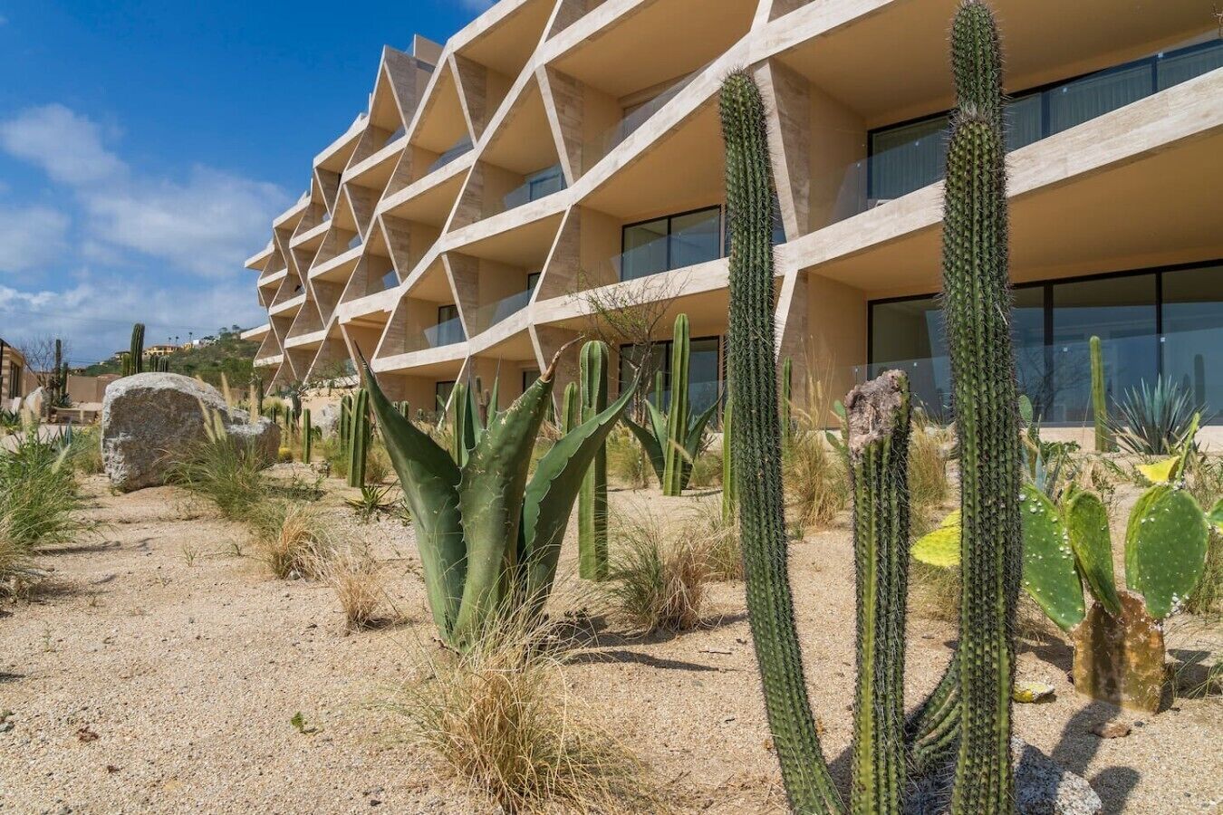 Un bâtiment à la façade géométrique, avec des cactus au premier plan.