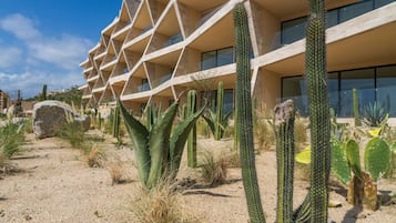 Un bâtiment à la façade géométrique, avec des cactus au premier plan.
