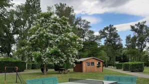 A park with a ping pong table, benches, a small shed, and a swing set. - Mobile home - 5 guests (Nonette-Orsonnette-Nonette)