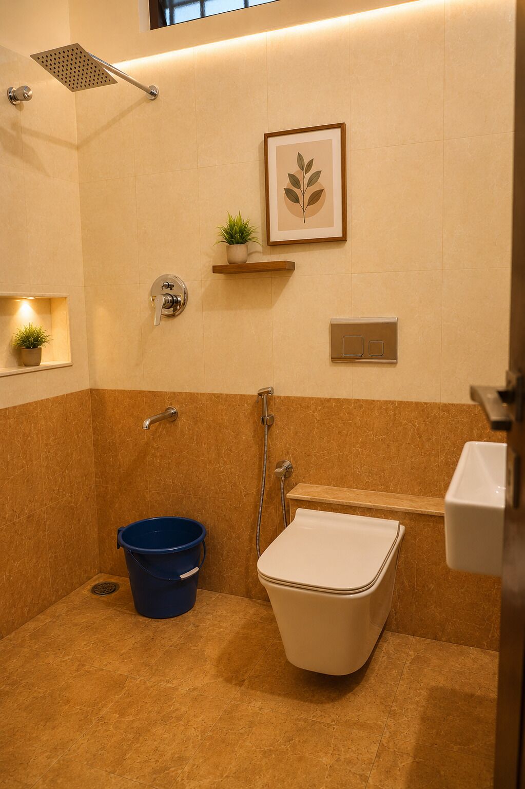 A bathroom with a shower, a toilet, a blue bucket, a small shelf with a plant, and a framed picture on the wall.