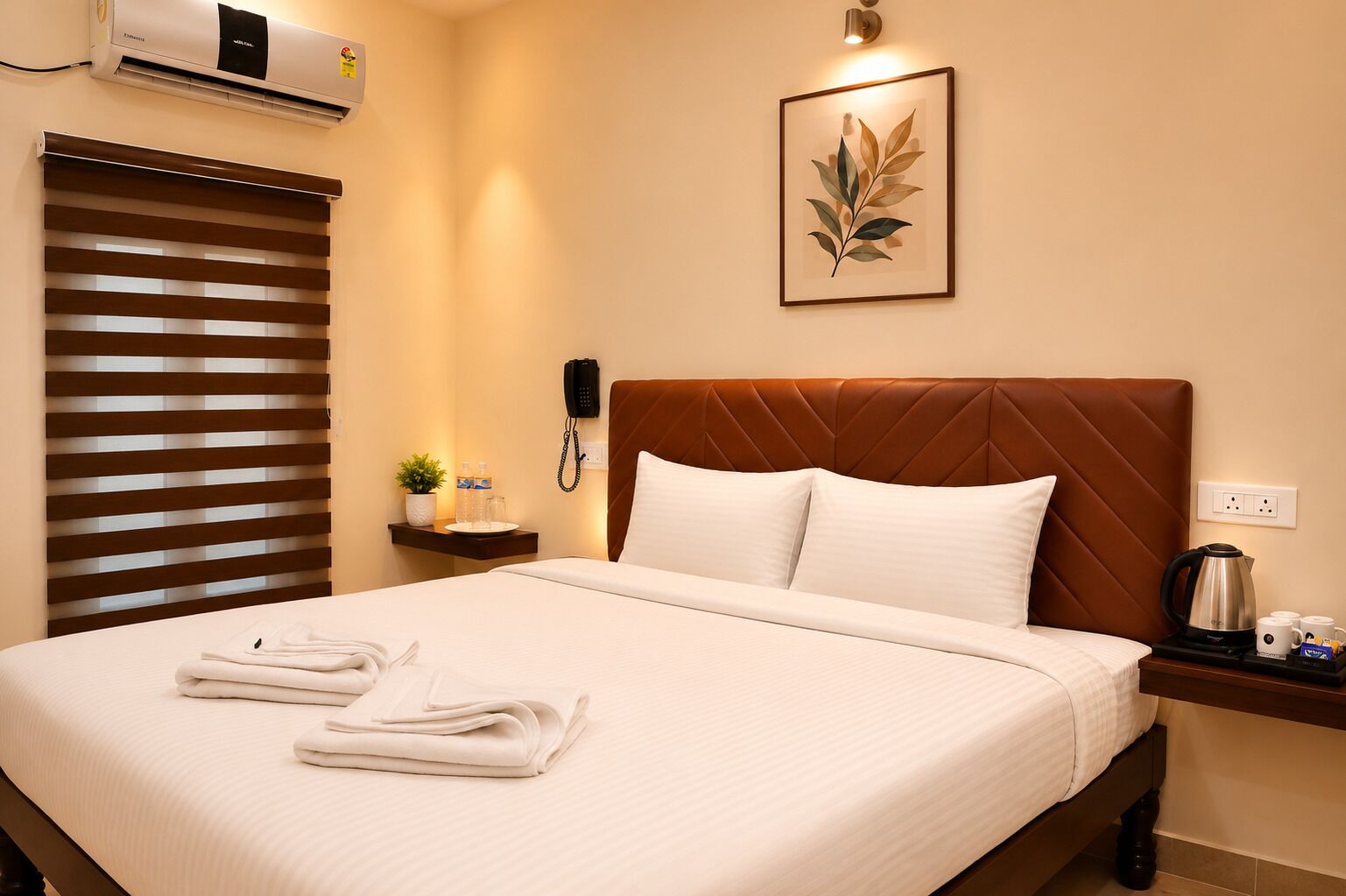 A hotel room with a bed, a bedside table with a phone, a wall-mounted air conditioner, a framed artwork, and a window with blinds.