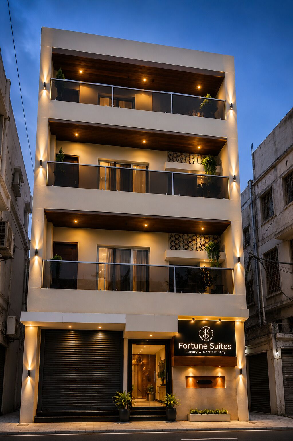 A multi-story building with a sign for 'Fortune Suites' indicating a luxury and comfort stay.