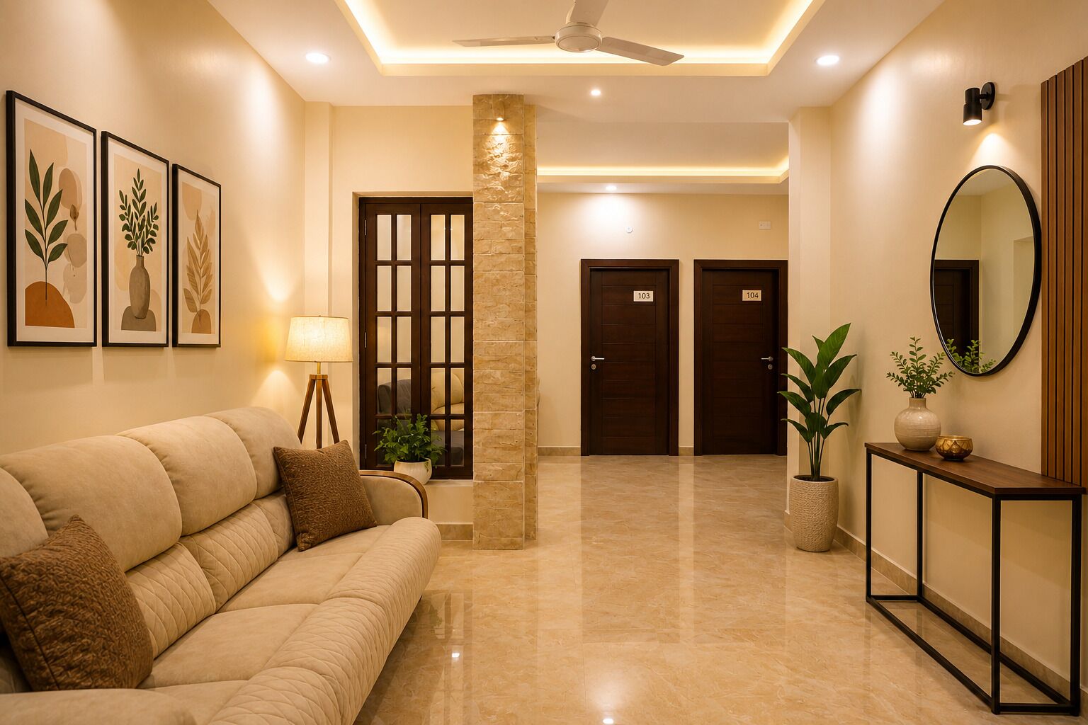 A hotel lobby with a sofa, a lamp, framed artwork, a pillar, a mirror, and two doors.