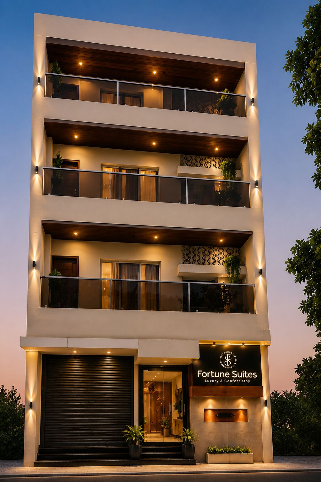 A multi-story building with a sign for 'Fortune Suites' indicating a luxury stay.