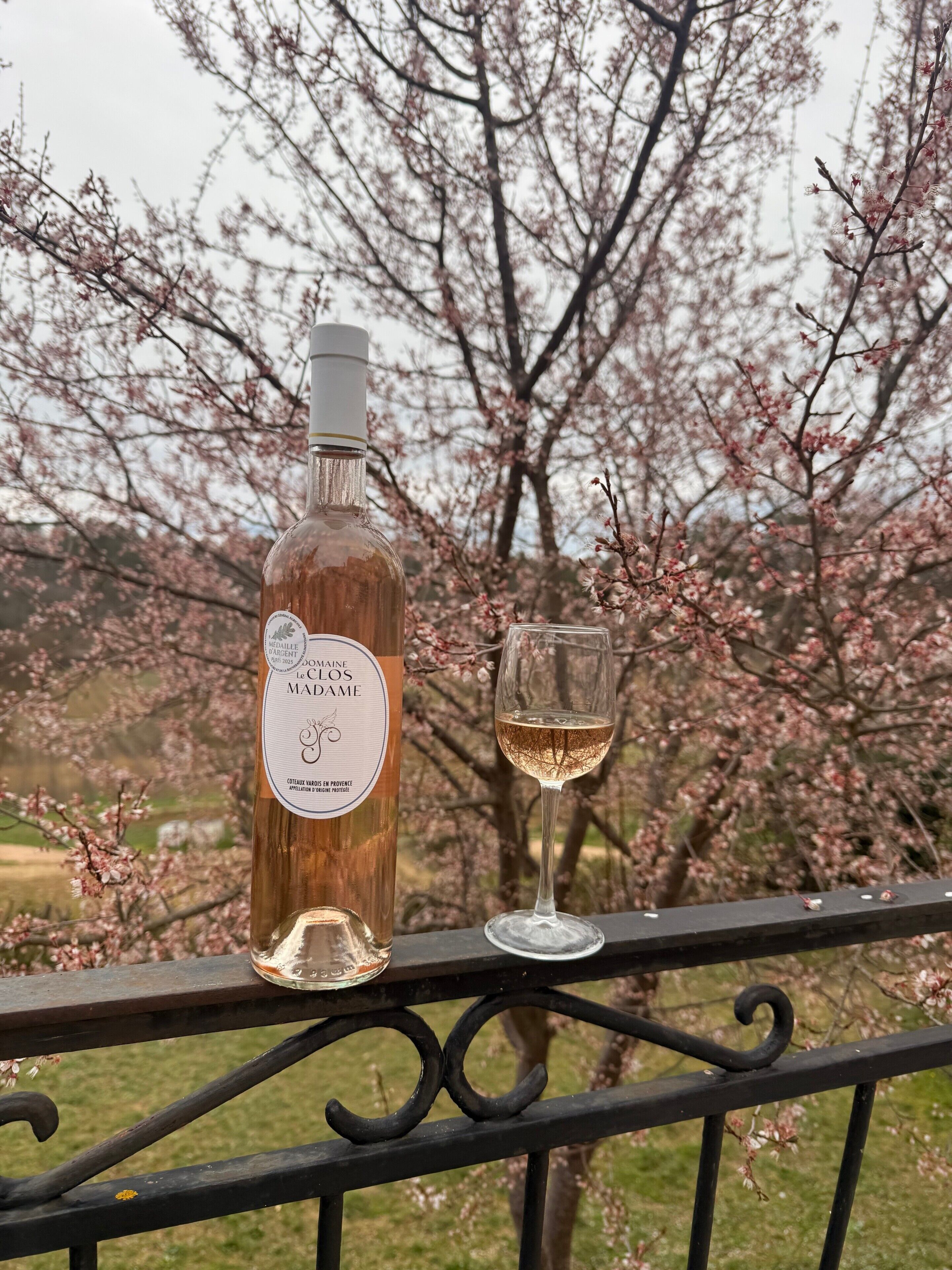 A bottle of wine and a glass on a balcony railing with cherry blossoms in the background.