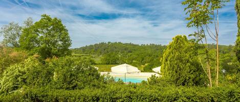 A pool area with a white tent, surrounded by dense greenery and trees.