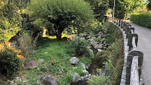 A stone pathway alongside a stream with rocks and greenery.