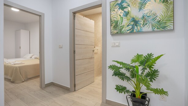 A room with a bed, a wooden door, a wall-mounted plant, and a framed artwork. - Apartment 'With Fireplace' with Mountain Views, Wi-Fi and Air Conditioning (Güejar Sierra)