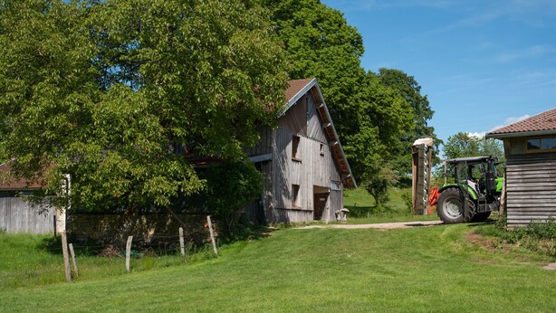 Ein ländliches Bauernhaus mit einem Feldweg davor, umgeben von üppigem Grün und einem klaren Himmel.