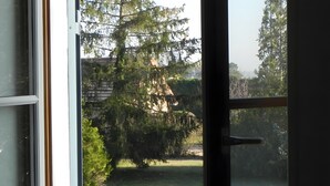 Vista a través de una puerta abierta con ventana de vidrio, mostrando un jardín con césped, árboles y un edificio al fondo.