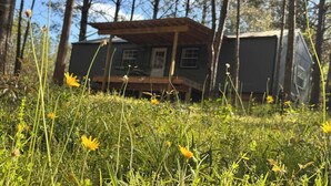 A cabin with a porch, surrounded by tall grass and wildflowers.