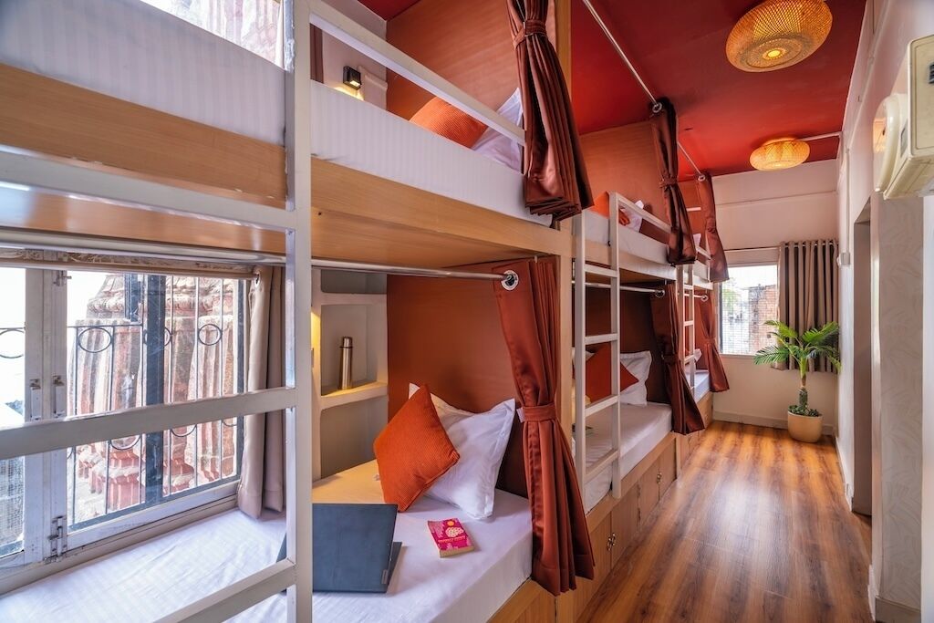A bunk bed room with a window, a plant, and a wooden floor.