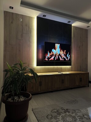 A modern living room with a large flat-screen TV mounted on a wooden wall, a potted plant, and a patterned rug.