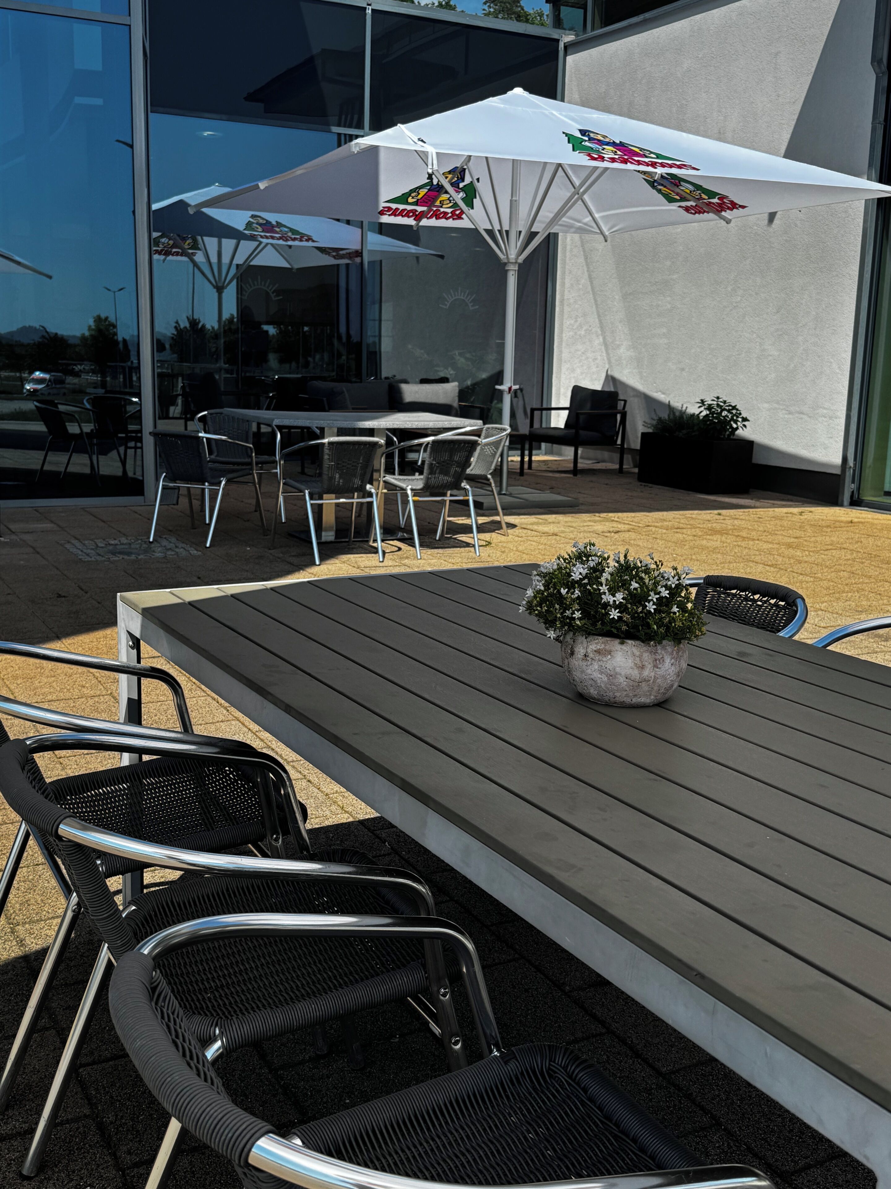 An outdoor seating area with a table, chairs, and a potted plant.