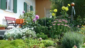 Ein Garten mit einer Bank, einem Tisch und verschiedenen Pflanzen und Blumen.