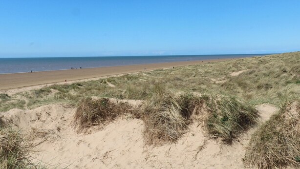Een strand met duinen en een heldere lucht.