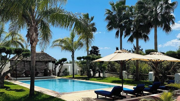 Una piscina con lettini e ombrelloni, circondata da palme e un piccolo padiglione.