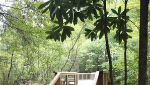 A wooden staircase leading to a platform in a forested area. - Peaceful Atlanta Stay.
Walk to Lake & Trail. Cozy & Quiet (Tucker)