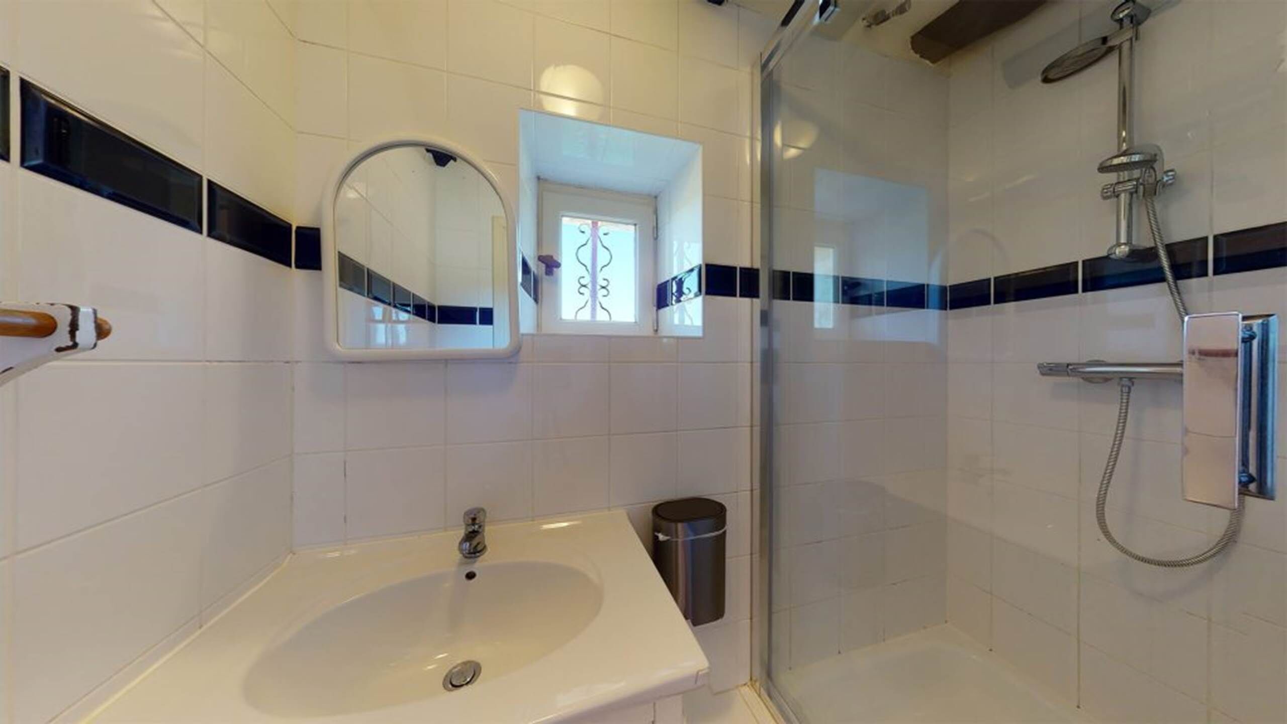 A bathroom with a white sink, a mirror, a shower, and a trash can.