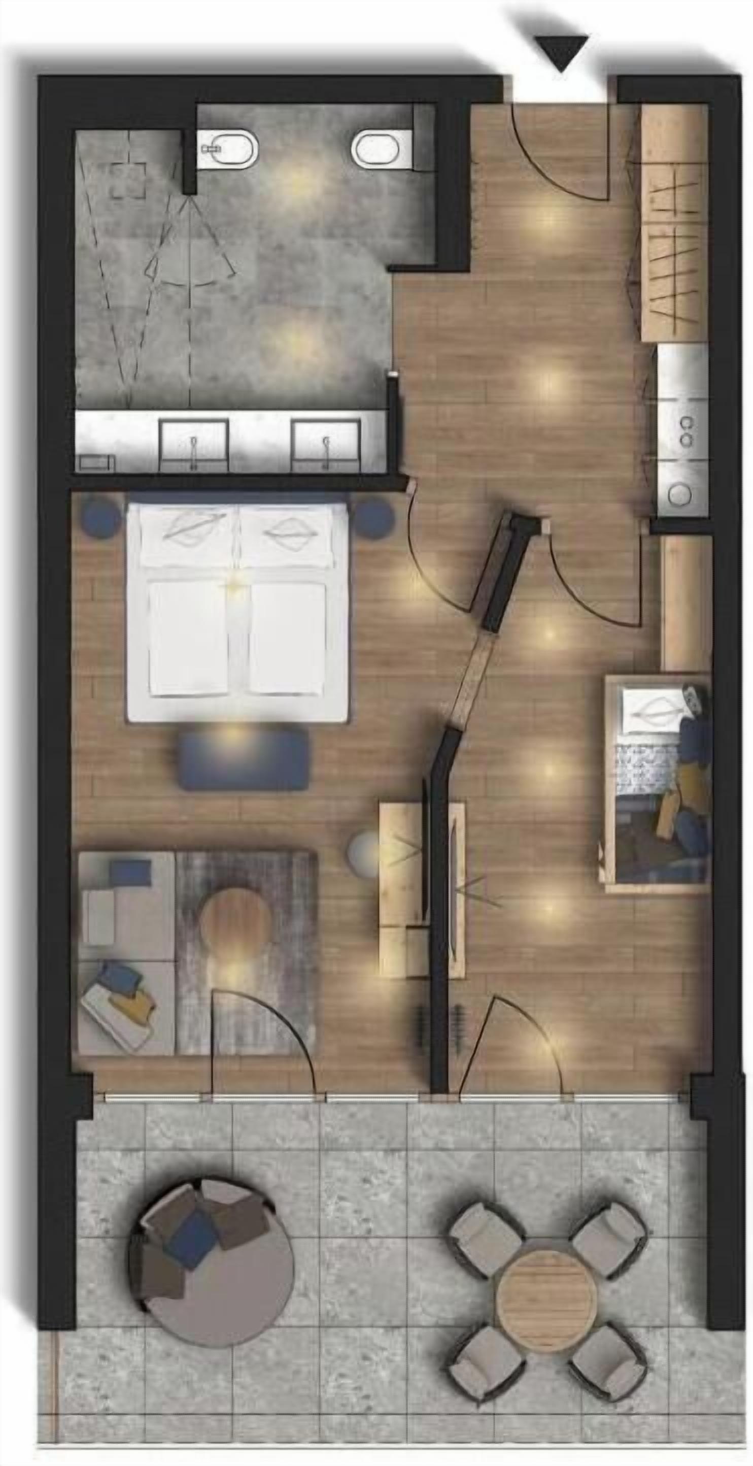 A hotel room layout with a kitchenette, a dining area, a living room, and a small balcony.