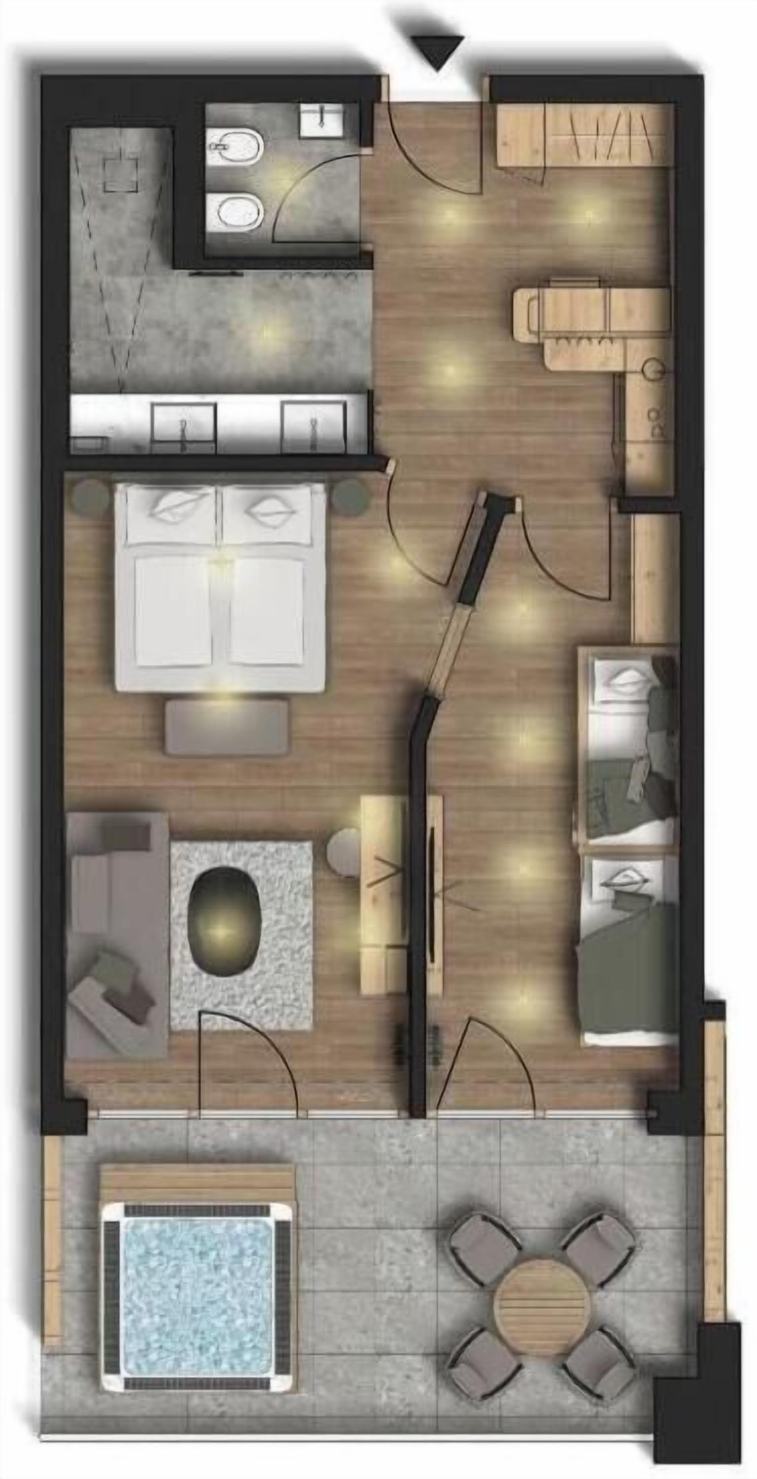 A floor plan of a hotel room with a kitchenette, a dining area, a seating area, and a small pool.
