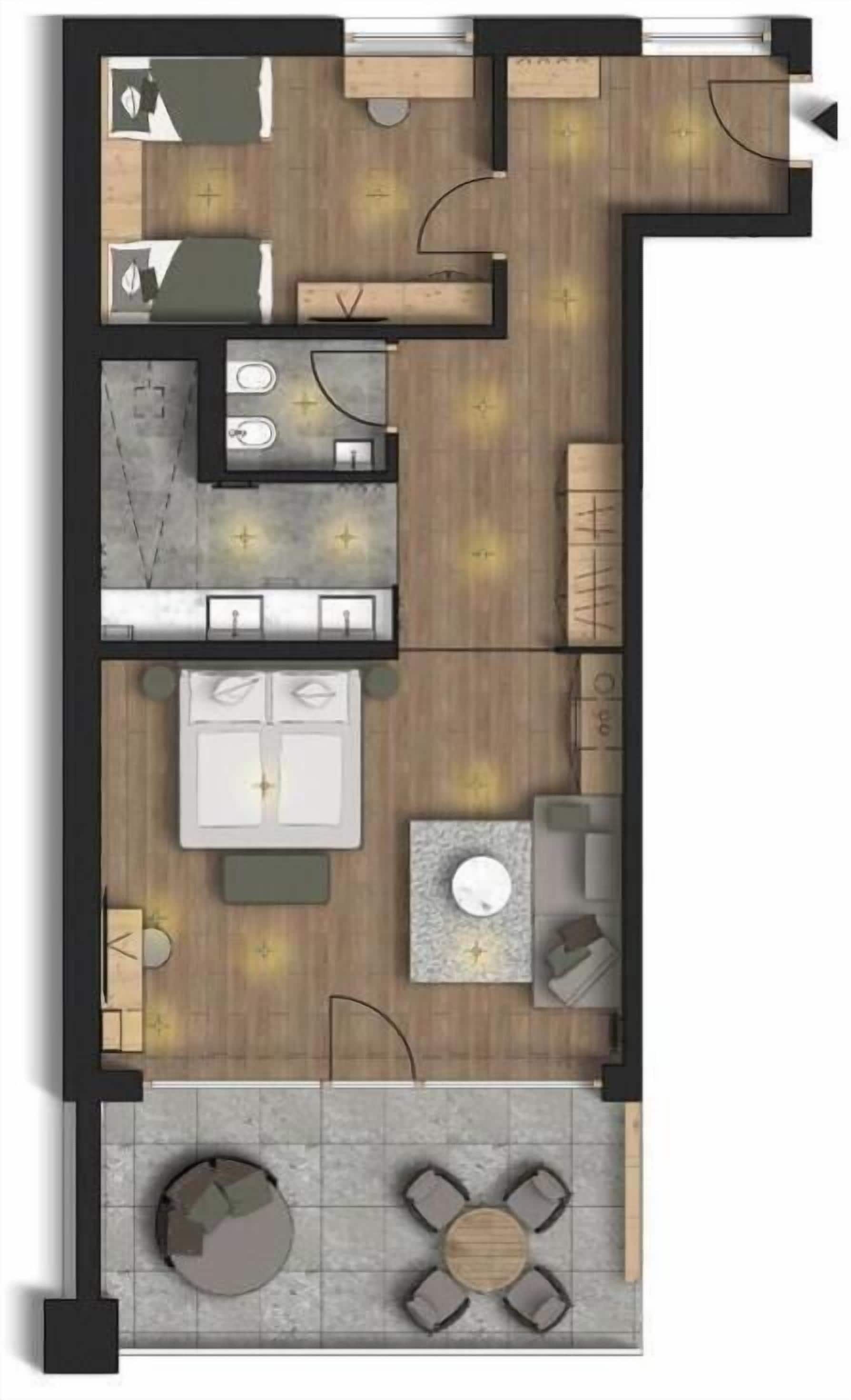A floor plan of a hotel room with a kitchenette, a dining area, a living room, and a small balcony.