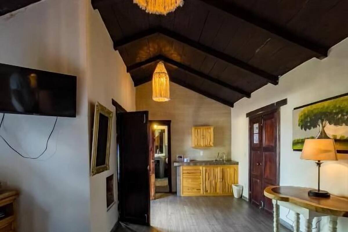 A room with two beds, a TV, a chandelier, a painting, and a kitchen area in the background.