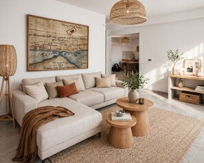 A living room with a sofa, round wooden tables, a woven rug, a map on the wall, and a wicker lamp.
