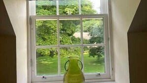 A window with a white frame, a green vase, and a patterned curtain. - No 2 Stable Yard, Wemyss Castle Estate (Kirkcaldy)