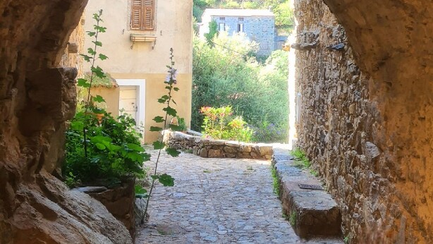 An arched stone passageway with a cobblestone path leading to a building with a window and shutters. - Authentic stone house in the heart of a medieval village · sea 20 min away (Lama)
