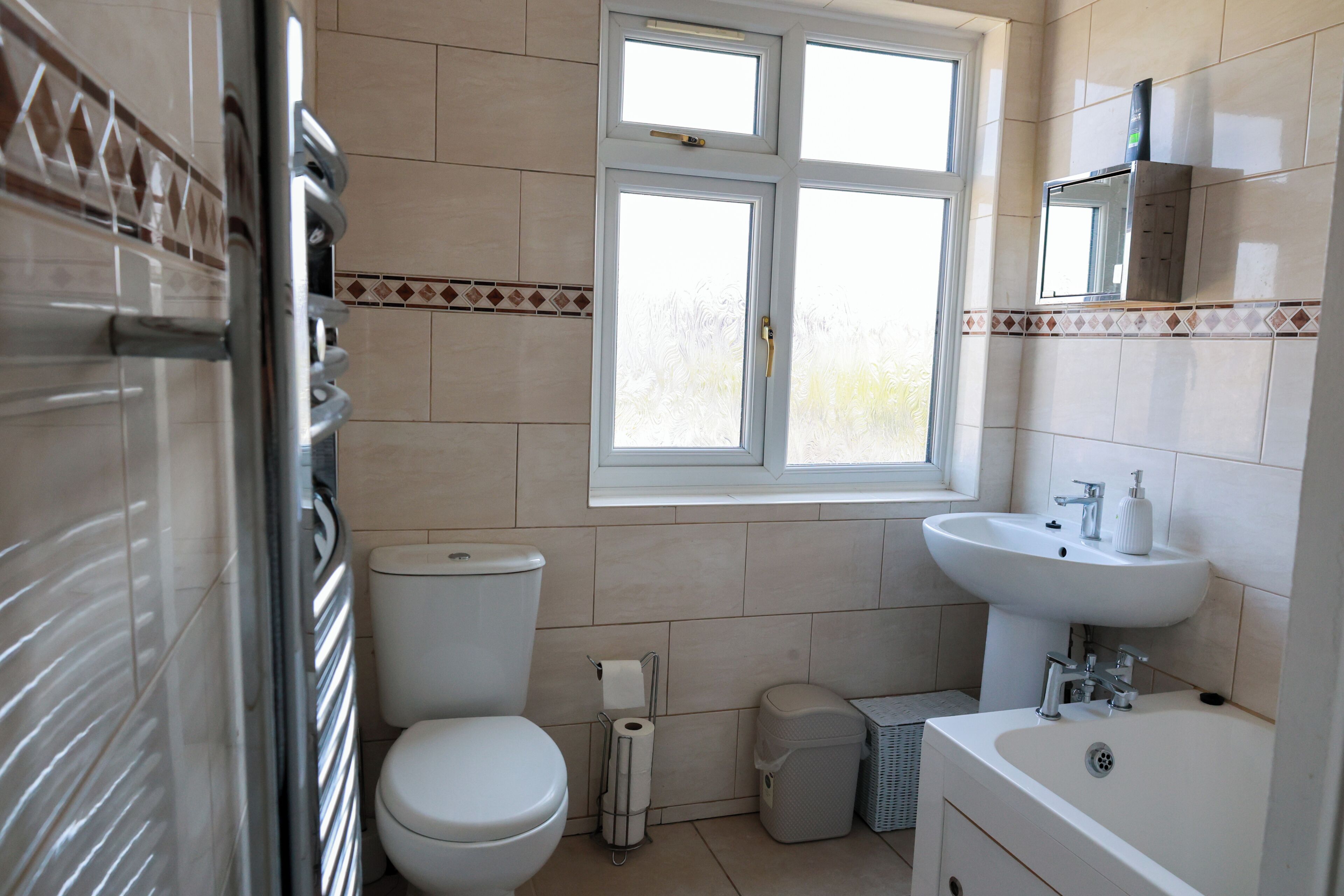 Hair dryer, towels, soap, toilet paper