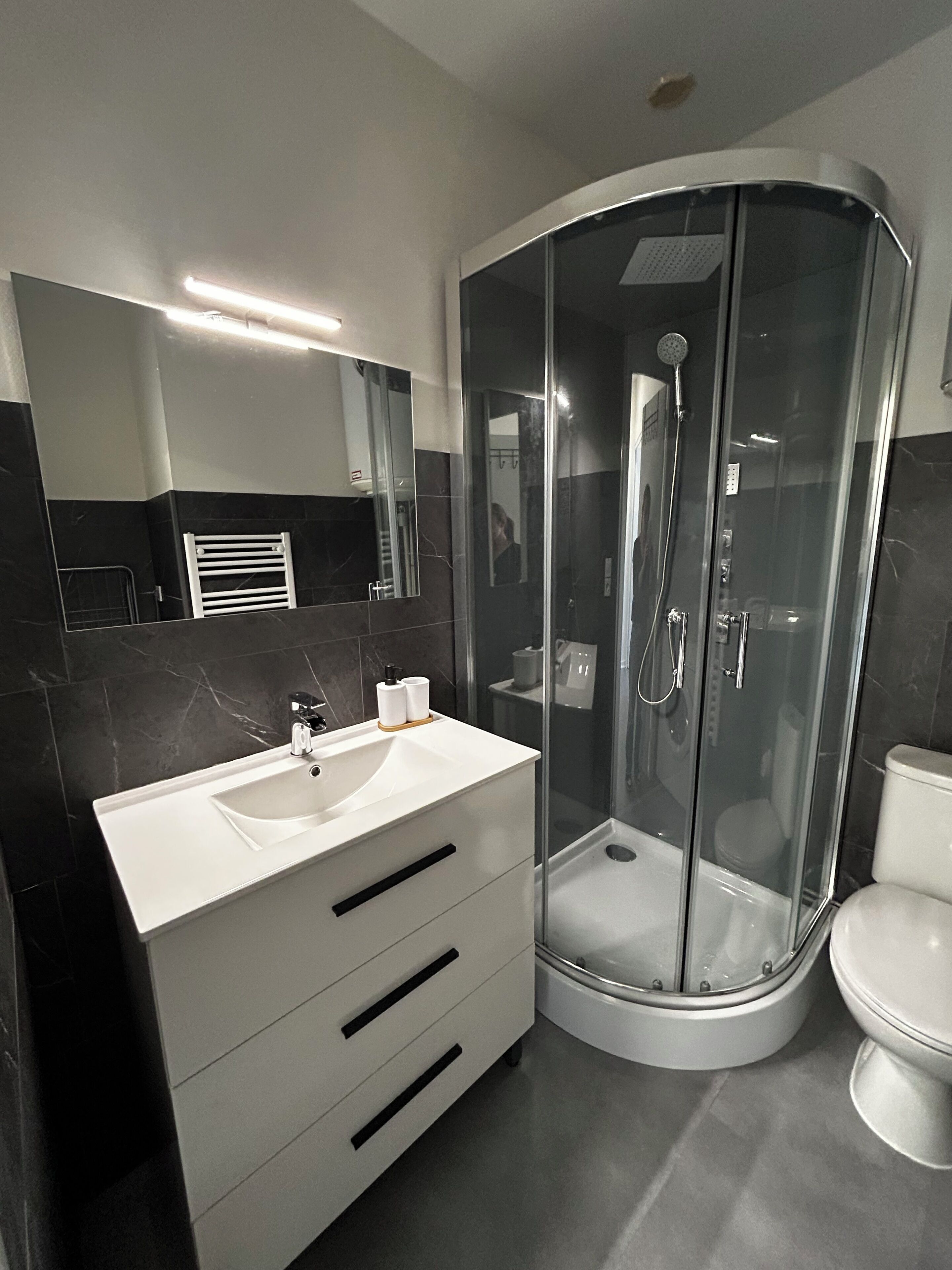 Shower, towels, soap, toilet paper