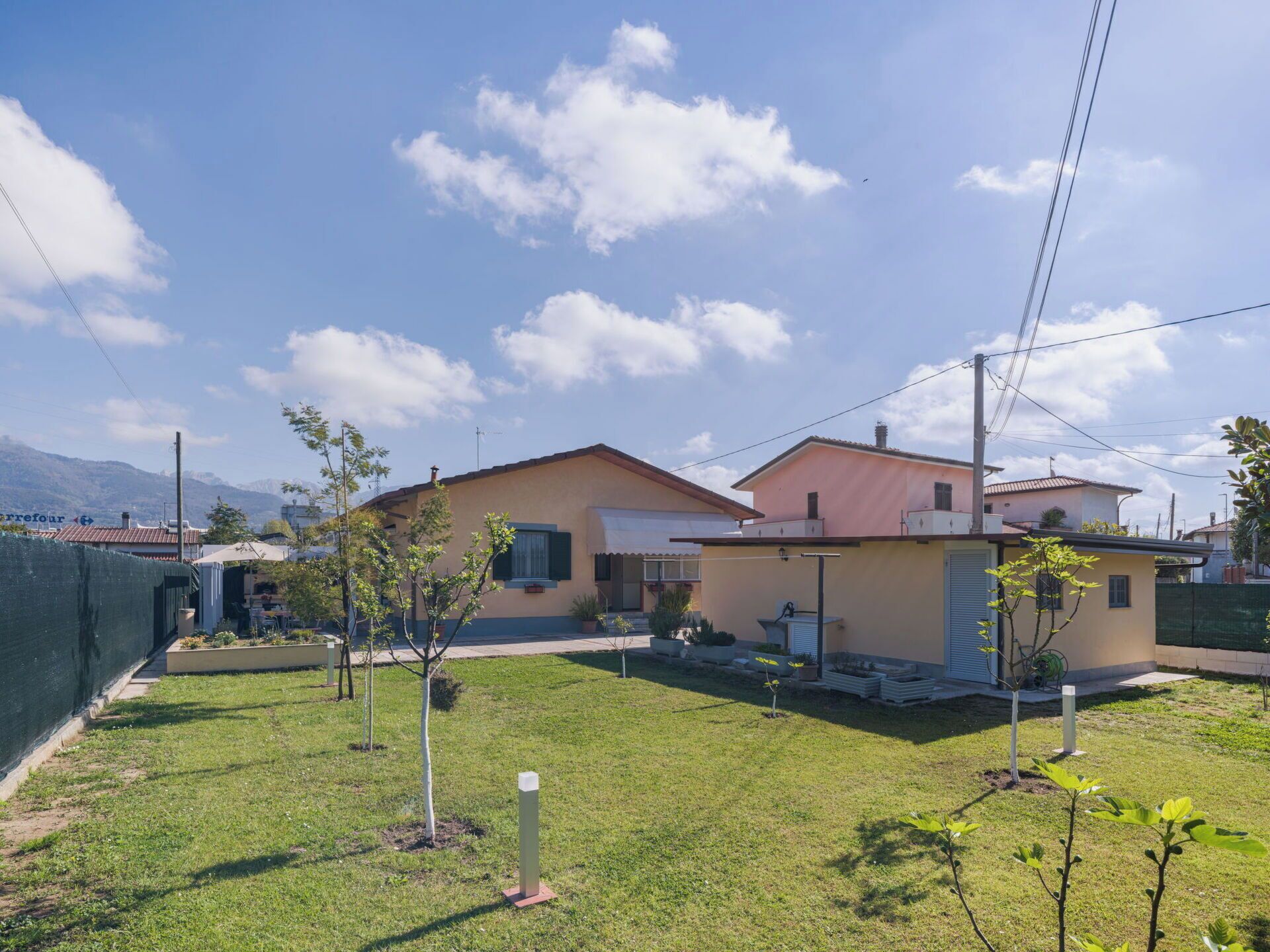 A residential area with two houses, a grassy yard, and a mountain in the background.