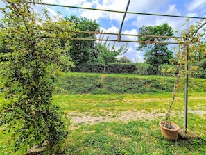 Ein Garten mit einer Pergola, einem Blumentopf und einer Hecke.