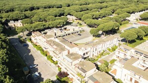 Oversigtsbillede af et boligområde med lejlighedskomplekser, en parkeringsplads og en tæt skov i baggrunden.